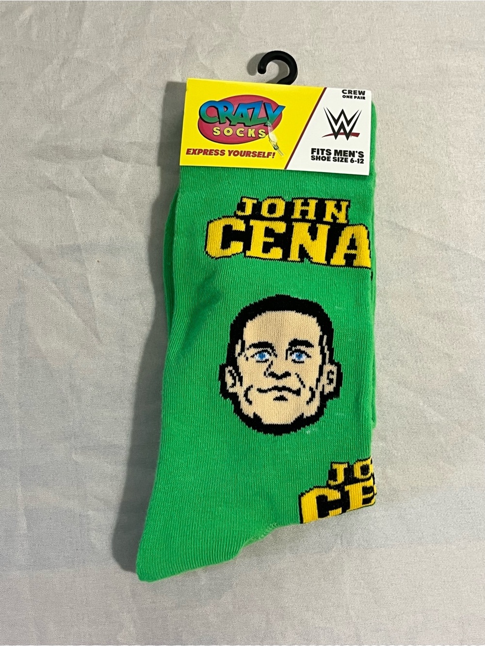 WWE Crazy Socks John Cena Green Crew Socks with Yellow Logo NWT